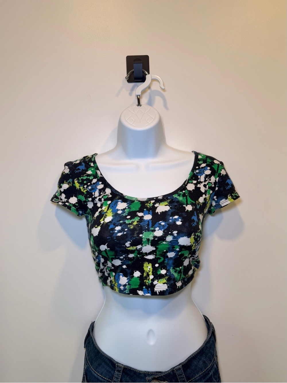 Vintage Y2K Wet Seal Paint Splatter Crop Top S Cotton Glow Rave Festival Party